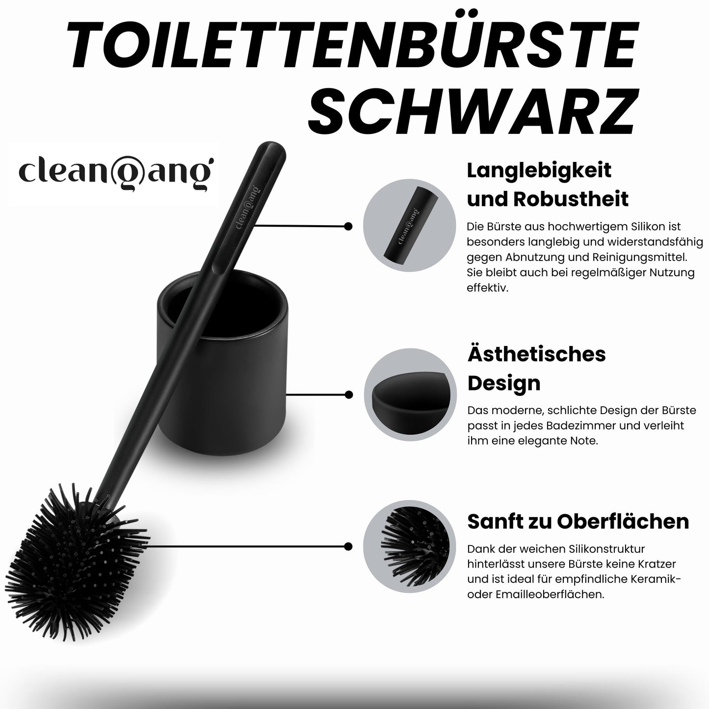 Cleangang® Toilettenbürste Schwarz Silikon mit Klobürstenhalter Set